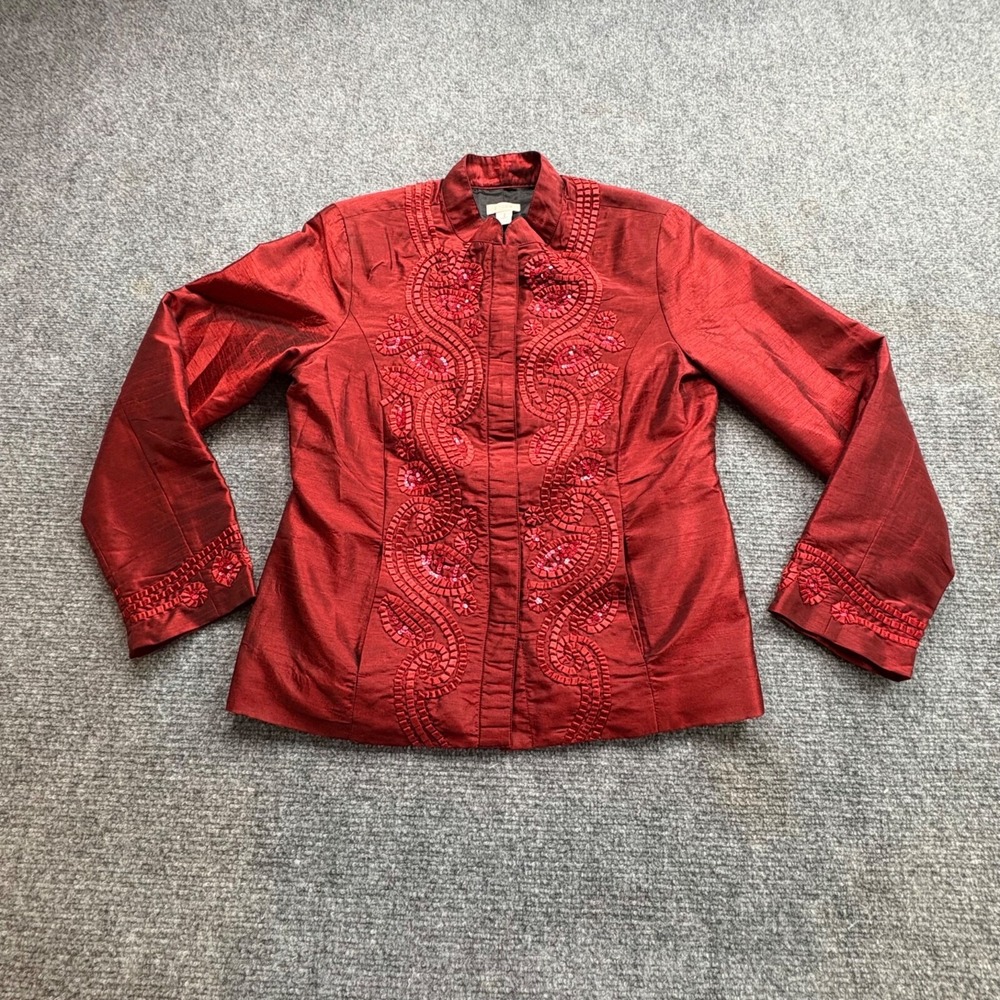 Chicos Jacket Womens 1 US 8 Red Embroidered Boho Asian Inspired Artistic Global